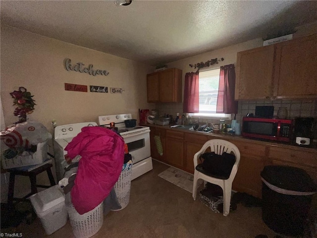 kitchen featuring backsplash, brown cabinets, white electric stove, and a sink