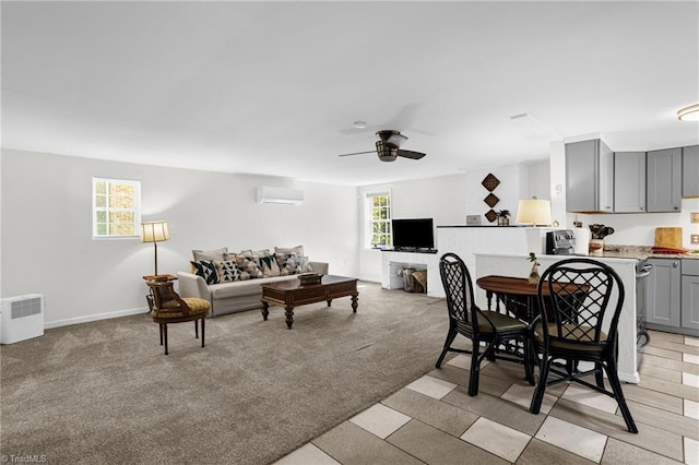 608 Spruce St, High Point, NC 27262 - living area featuring a wall mounted AC, ceiling fan, and light carpet