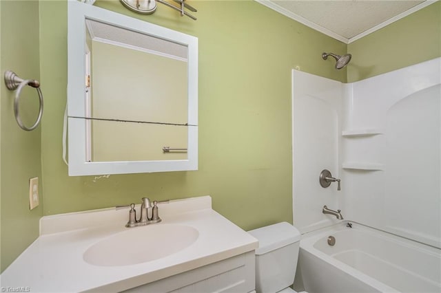 full bathroom featuring washtub / shower combination, vanity, ornamental molding, a textured ceiling, and toilet