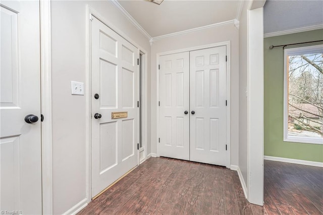 doorway to outside featuring crown molding and dark hardwood / wood-style flooring