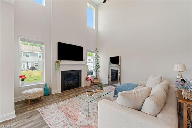 4077 Glenn Knoll Ln, Winston-Salem, NC 27107 - living area with a glass covered fireplace, a high ceiling, wood finished floors, and baseboards