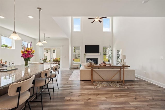4077 Glenn Knoll Ln, Winston-Salem, NC 27107 - living room featuring ceiling fan, wood finished floors, a fireplace, baseboards, and recessed lighting