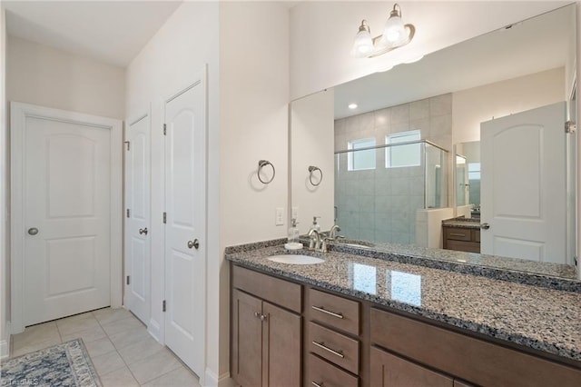 4077 Glenn Knoll Ln, Winston-Salem, NC 27107 - full bathroom featuring a stall shower, vanity, baseboards, tile patterned flooring, and a closet