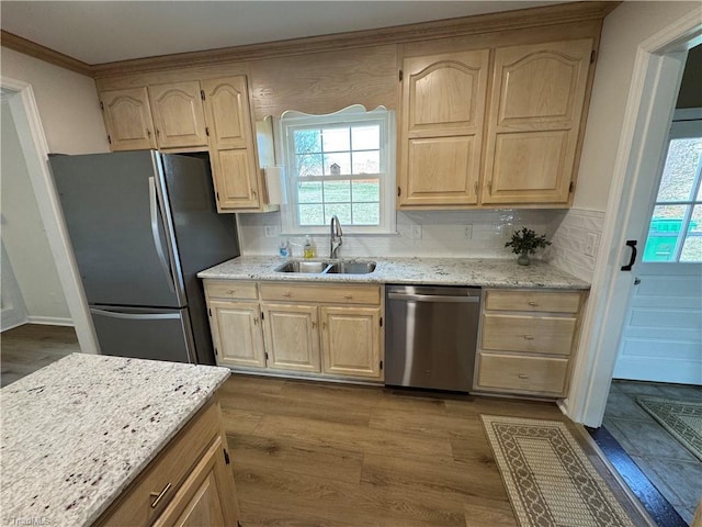 kitchen featuring a sink, appliances with stainless steel finishes, dark wood-style flooring, and light brown cabinets