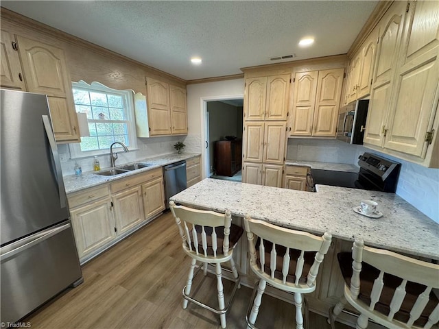 kitchen with visible vents, light brown cabinetry, a sink, stainless steel appliances, and a peninsula