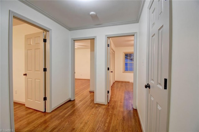 hall featuring light wood-type flooring and crown molding