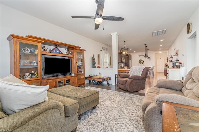 5838 Springer Dr, Greensboro, NC 27405 - living room with ceiling fan, wood finished floors, and recessed lighting