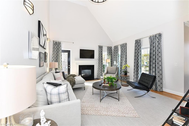 living room with light hardwood / wood-style floors and high vaulted ceiling