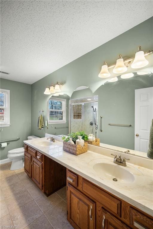 bathroom with a healthy amount of sunlight, vanity, a shower with door, and a textured ceiling