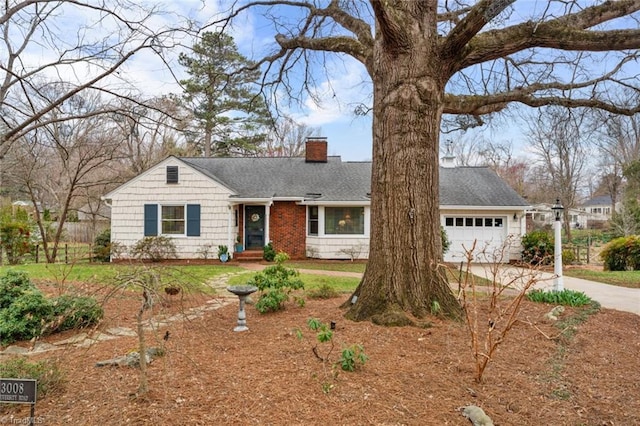 single story home featuring driveway, a chimney, an attached garage, and roof with shingles