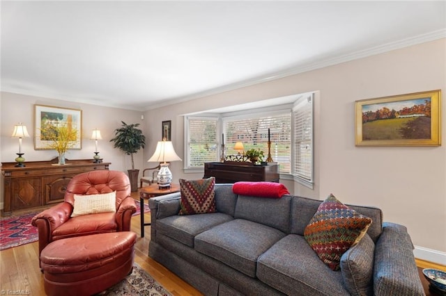 living room with baseboards, wood finished floors, and crown molding