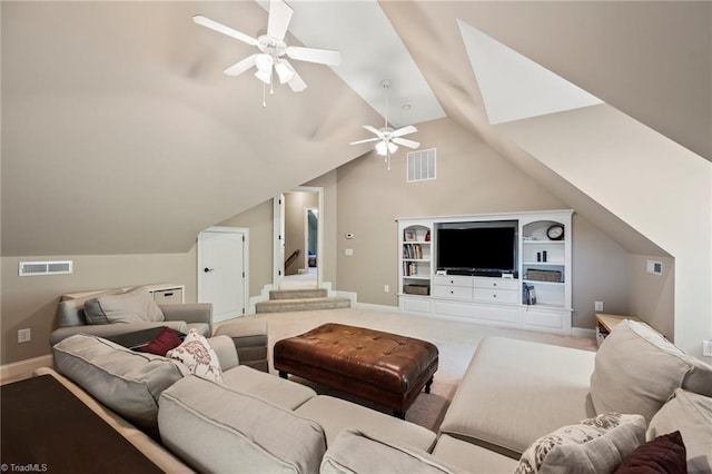 carpeted living room featuring baseboards, a ceiling fan, lofted ceiling, and visible vents