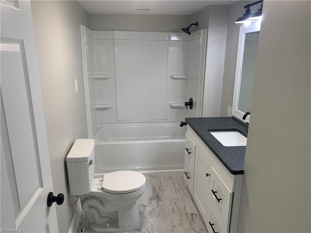 full bathroom with marble finish floor, toilet, vanity, and shower / bath combination