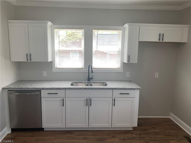 kitchen with white cabinets, stainless steel dishwasher, a sink, and crown molding