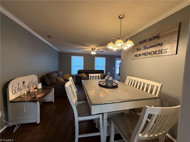 dining room featuring crown molding, a healthy amount of sunlight, dark wood-type flooring, and a textured ceiling