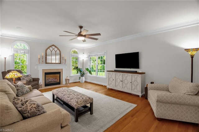 6707 Fegan Rd, Summerfield, NC 27358 - living area featuring crown molding, a ceiling fan, healthy amount of natural light, a fireplace with flush hearth, and wood finished floors