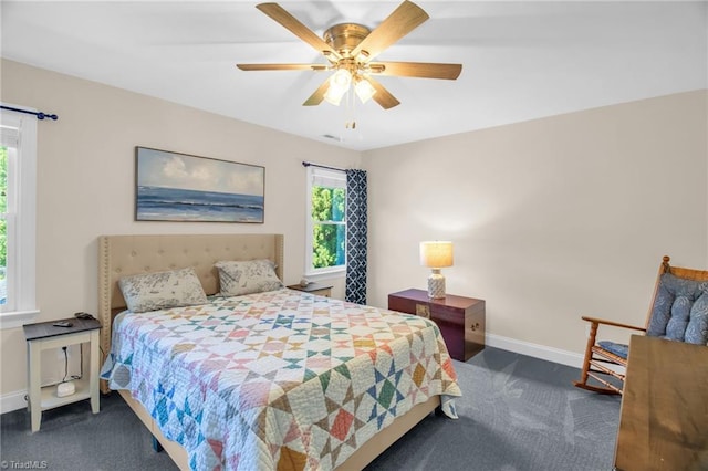 6707 Fegan Rd, Summerfield, NC 27358 - bedroom with dark carpet, multiple windows, and ceiling fan