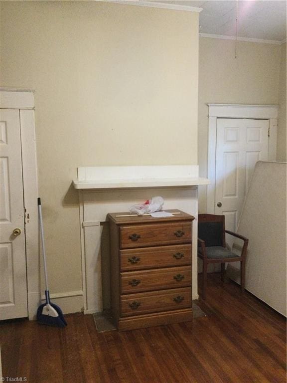 bedroom with dark wood-style floors and ornamental molding