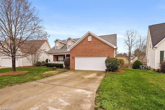 view of front of home with a porch, a garage, and a front yard