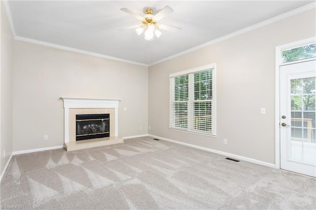 4 Beech Grove Ct, Greensboro, NC 27455 - unfurnished living room featuring carpet, ornamental molding, a ceiling fan, baseboards, and a glass covered fireplace