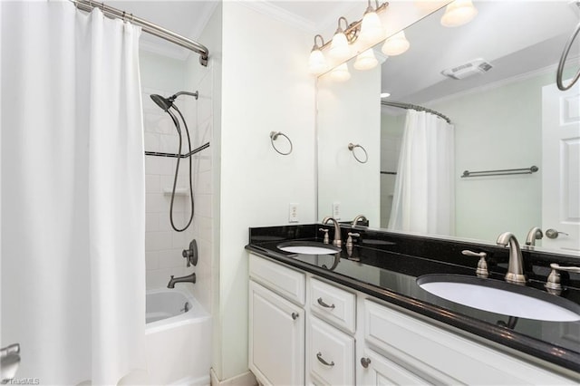 4 Beech Grove Ct, Greensboro, NC 27455 - full bathroom featuring ornamental molding, shower / tub combo with curtain, and double vanity