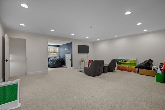 game room with recessed lighting, baseboards, and carpet floors