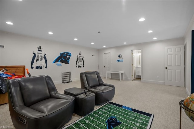 game room featuring baseboards, recessed lighting, visible vents, and carpet floors