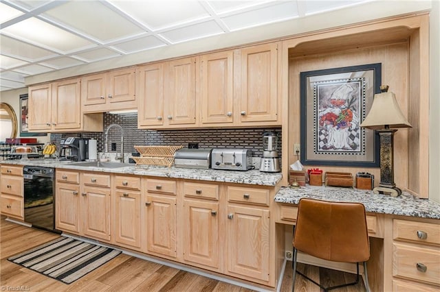 1312 Gilbrook Ct, High Point, NC 27262 - kitchen featuring black dishwasher, a sink, light brown cabinets, and backsplash