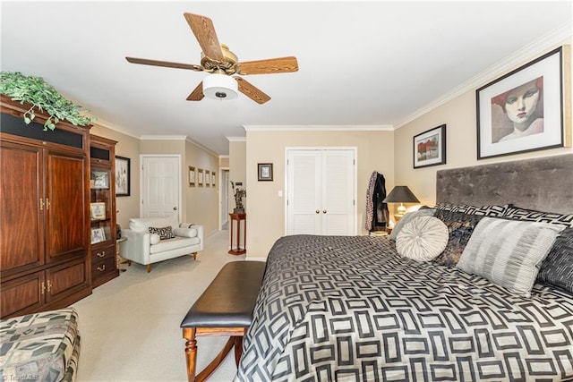 1312 Gilbrook Ct, High Point, NC 27262 - bedroom with light colored carpet, ornamental molding, ceiling fan, and baseboards