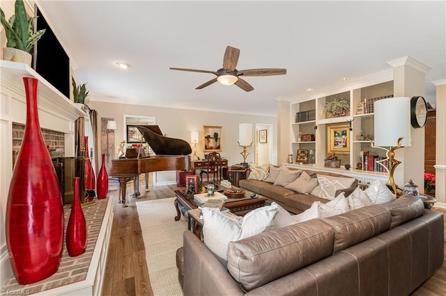 1312 Gilbrook Ct, High Point, NC 27262 - living room with crown molding, ceiling fan, wood finished floors, and recessed lighting