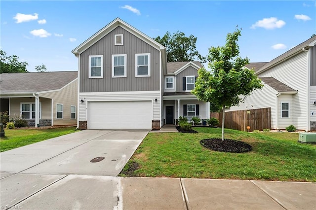 traditional-style home with board and batten siding, an attached garage, concrete driveway, and cooling unit
