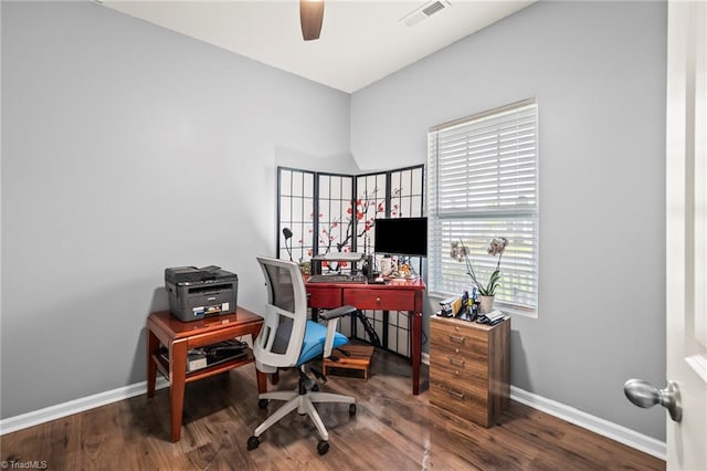 office space featuring ceiling fan, baseboards, and wood finished floors
