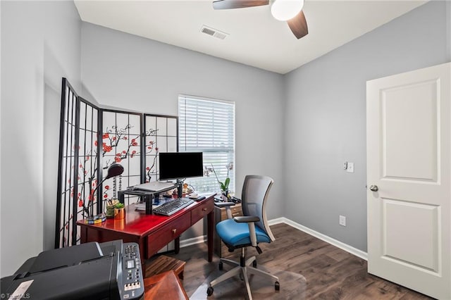home office with baseboards, ceiling fan, and wood finished floors