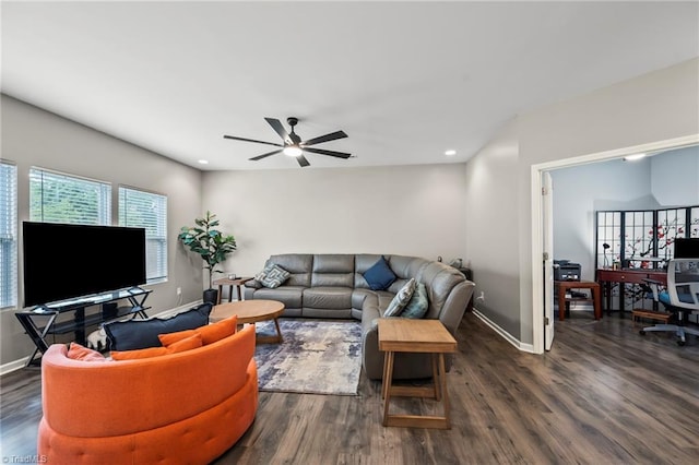 living room with dark wood-type flooring, ceiling fan, baseboards, recessed lighting, and an office area