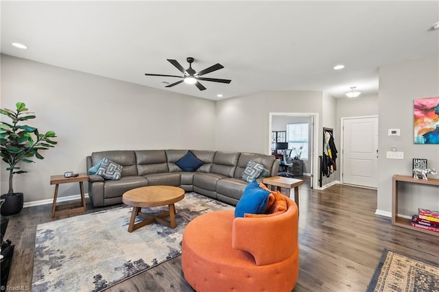 living room with ceiling fan, wood finished floors, baseboards, and recessed lighting