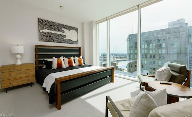 carpeted bedroom with a city view, access to outside, and floor to ceiling windows