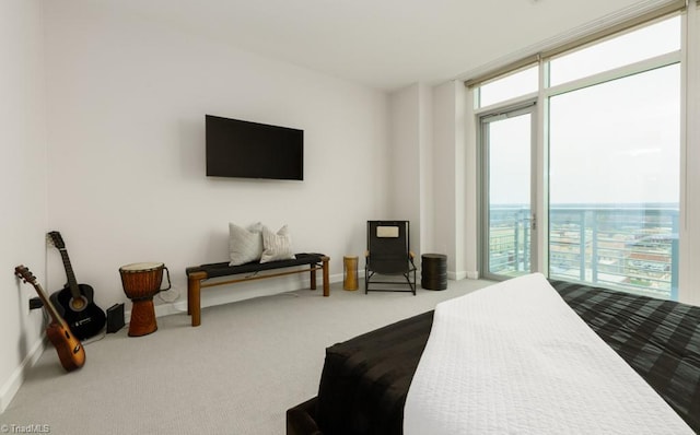 carpeted bedroom featuring access to exterior, baseboards, and expansive windows