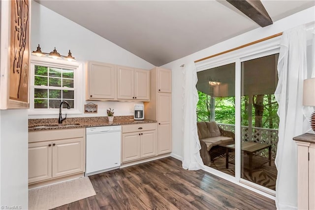 kitchen featuring white dishwasher, dark hardwood / wood-style flooring, beamed ceiling, sink, and high vaulted ceiling