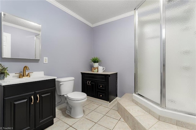 full bath with crown molding, tile patterned flooring, vanity, toilet, and a stall shower