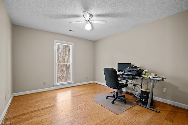 office area featuring ceiling fan, a textured ceiling, and light wood-type flooring