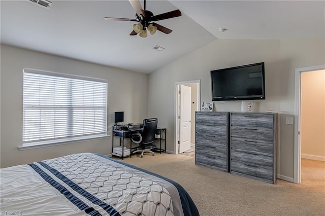 carpeted bedroom featuring lofted ceiling and ceiling fan