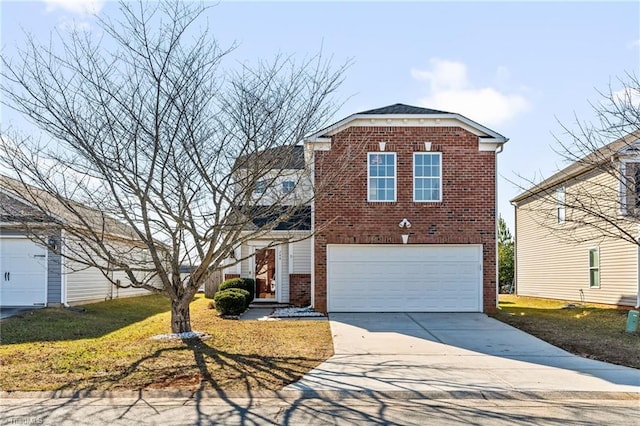 view of property with a garage and a front lawn