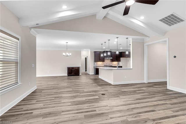 unfurnished living room featuring light wood-type flooring, ceiling fan with notable chandelier, and lofted ceiling with beams