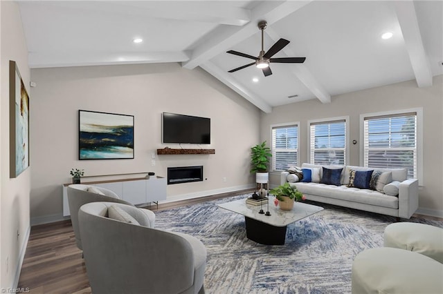 living room featuring ceiling fan, dark hardwood / wood-style flooring, and lofted ceiling with beams