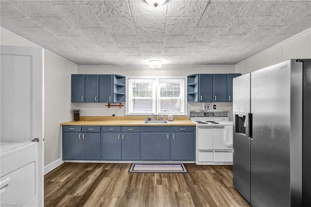 kitchen with washer / clothes dryer, electric stove, dark hardwood / wood-style flooring, stainless steel refrigerator with ice dispenser, and sink