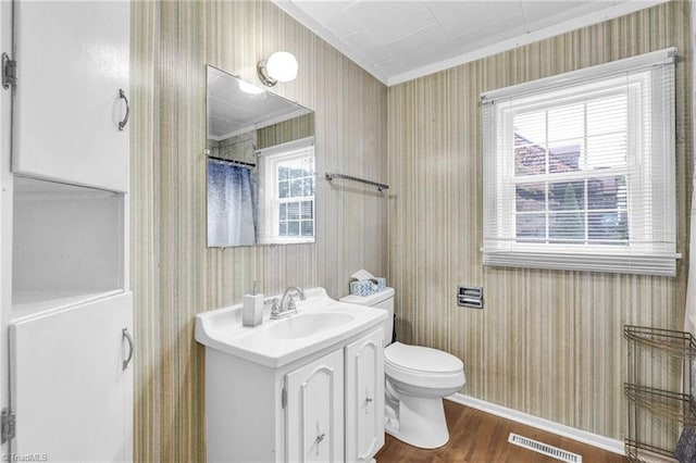 bathroom featuring vanity, toilet, hardwood / wood-style flooring, and a wealth of natural light