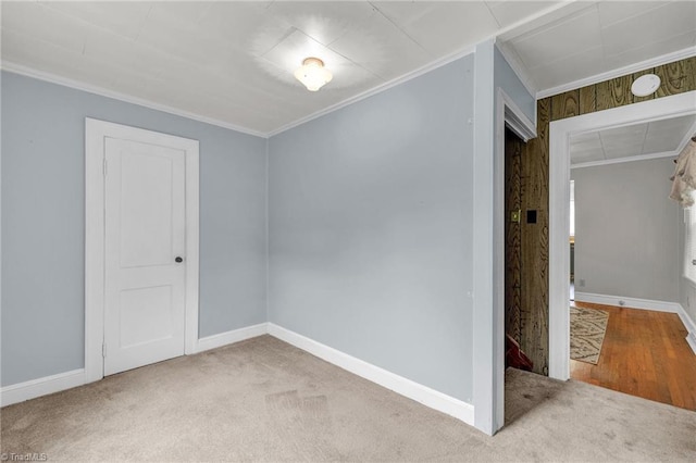 empty room featuring wooden walls, carpet flooring, and crown molding