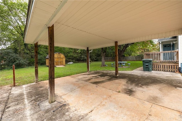 view of patio / terrace featuring a storage unit