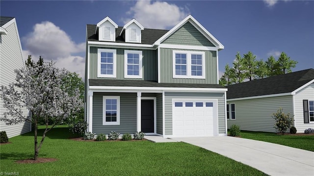 view of front of house with a garage, board and batten siding, concrete driveway, and a front yard