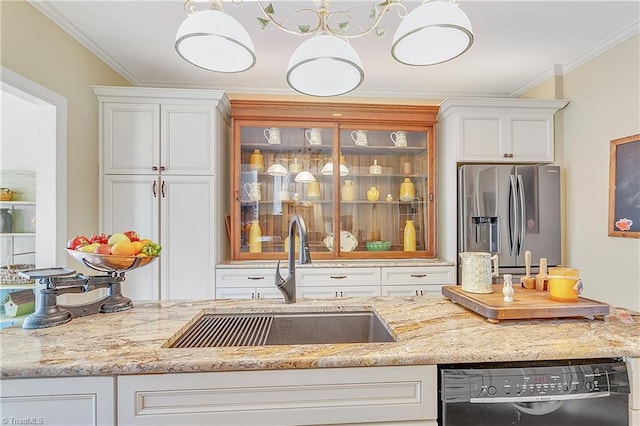 kitchen featuring a sink, dishwasher, ornamental molding, and stainless steel fridge with ice dispenser